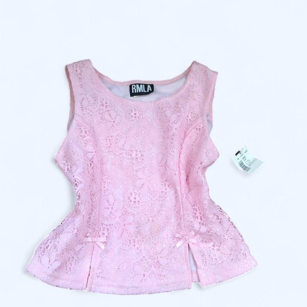 NEW Y2K Fairy Coquette Pink Lace Tank Top Shirt Blouse Bows Slit Fitted Corset